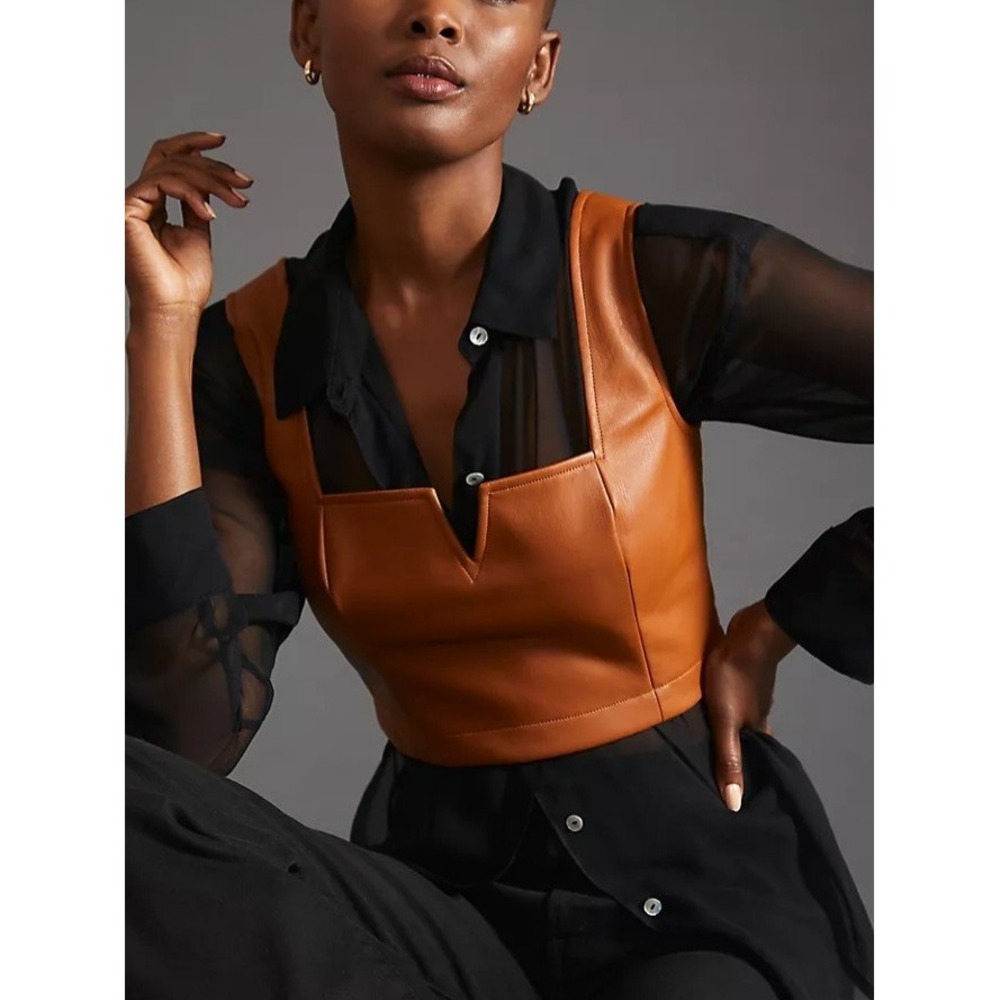New Maeve Anthro Faux Leather Notched Corset Crop Top Cognac Brown Size 2P NWOT